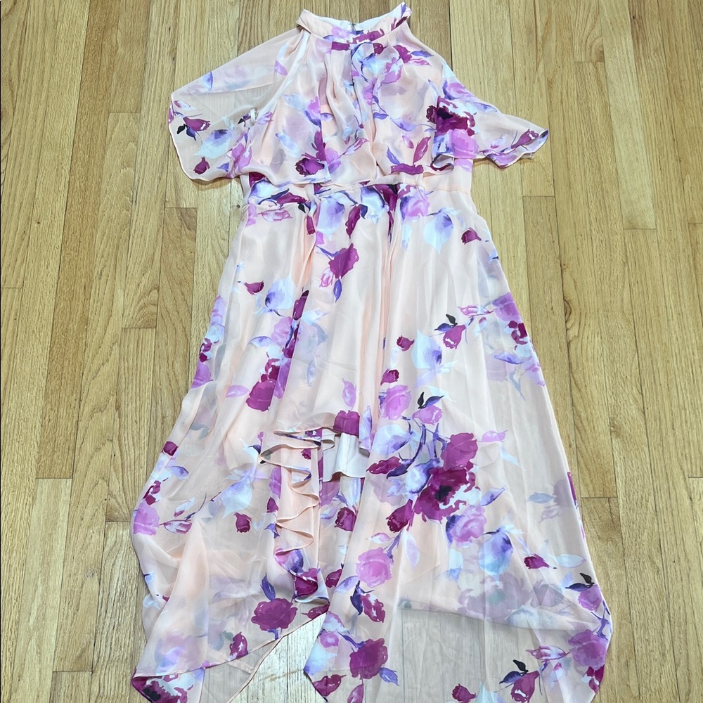 Eliza J Pink Floral High-Low Dress with Purple Blossoms